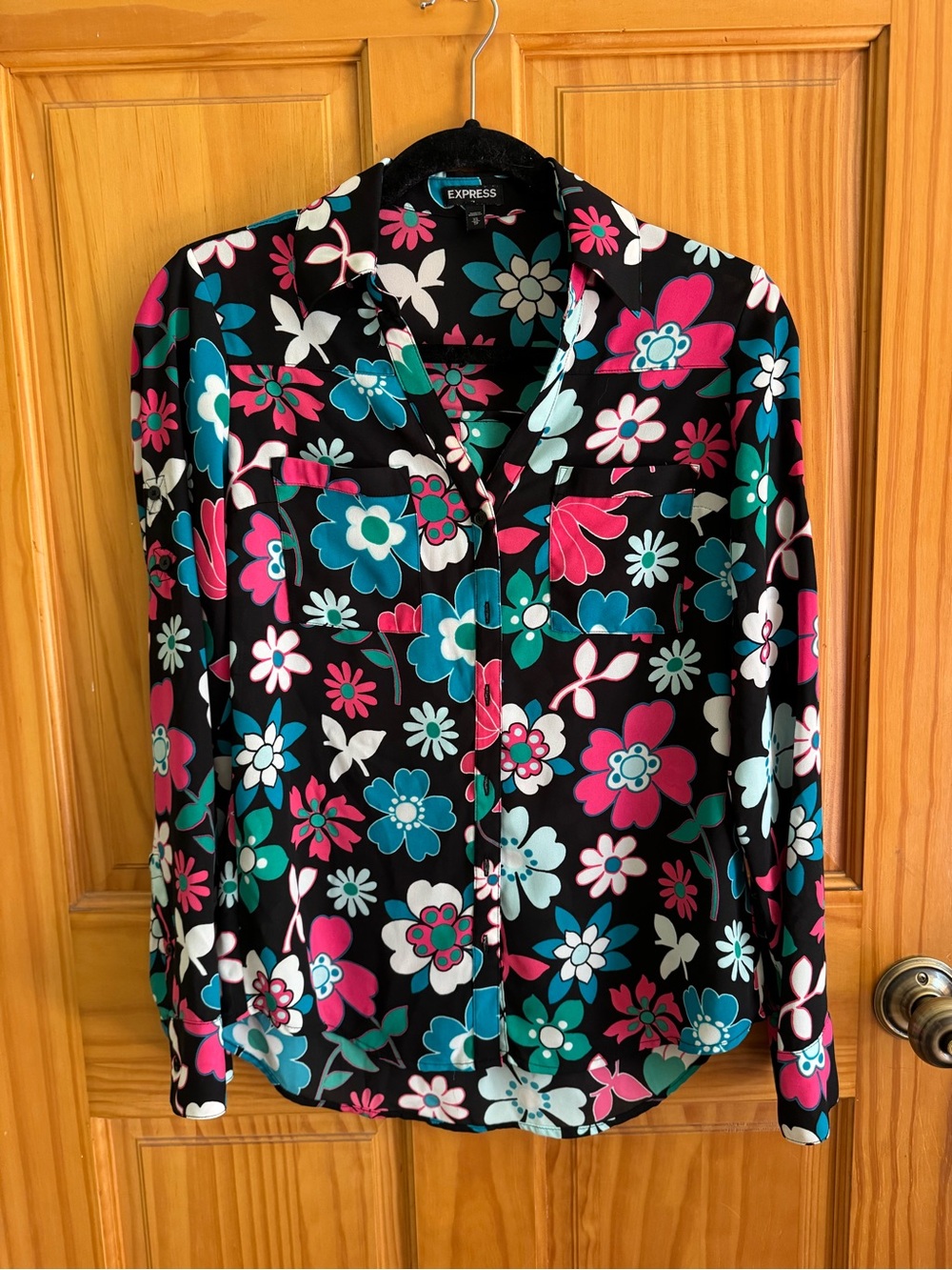 Bright Floral Hippie Button Up Top - No iron - express XS - see photos